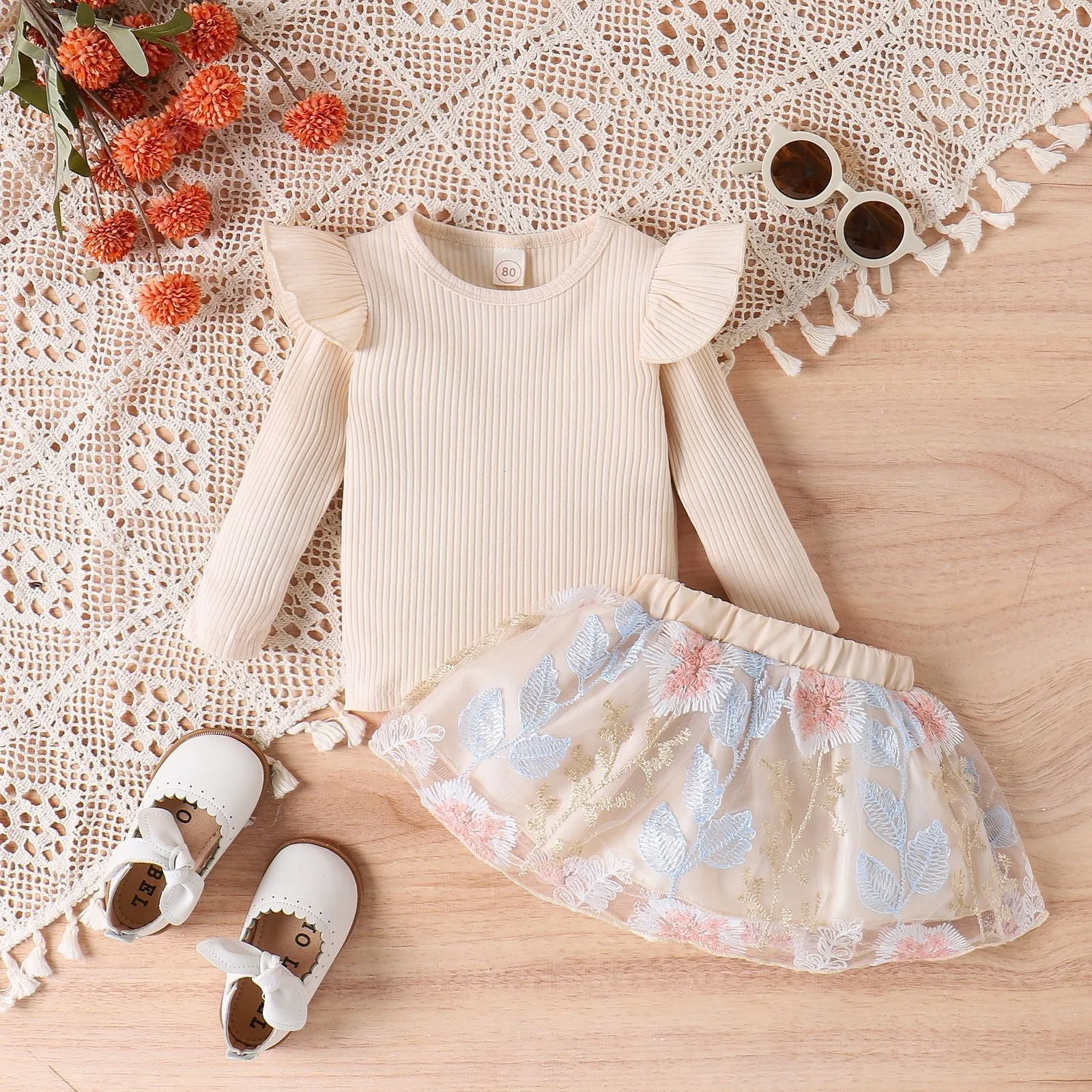 2 Pieces Set Baby Kid Girls Solid Color Tops Flower And Embroidered Skirts Wholesale 24011134