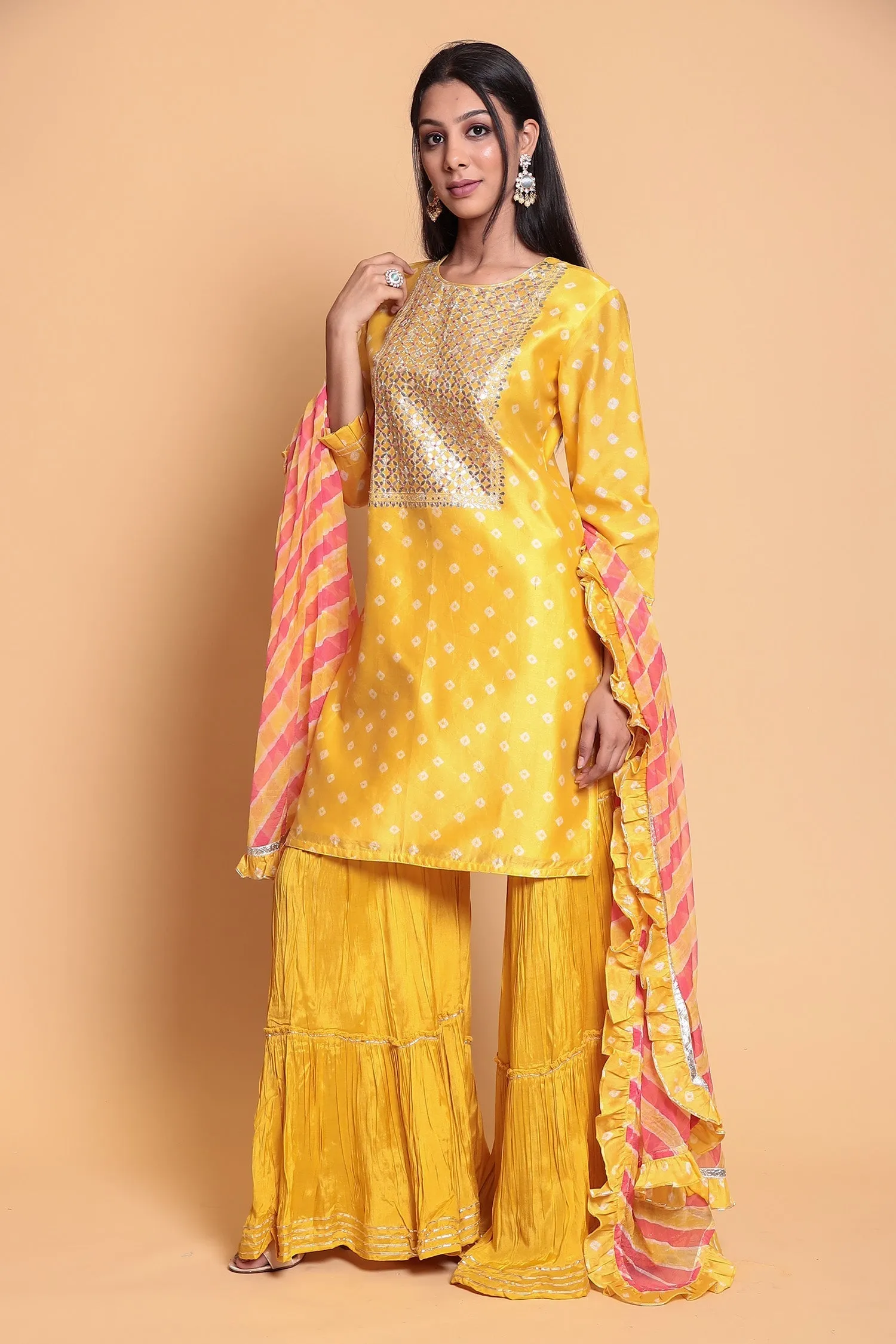 Bandhej Chanderi Suit Stitched with Gota Patti work.