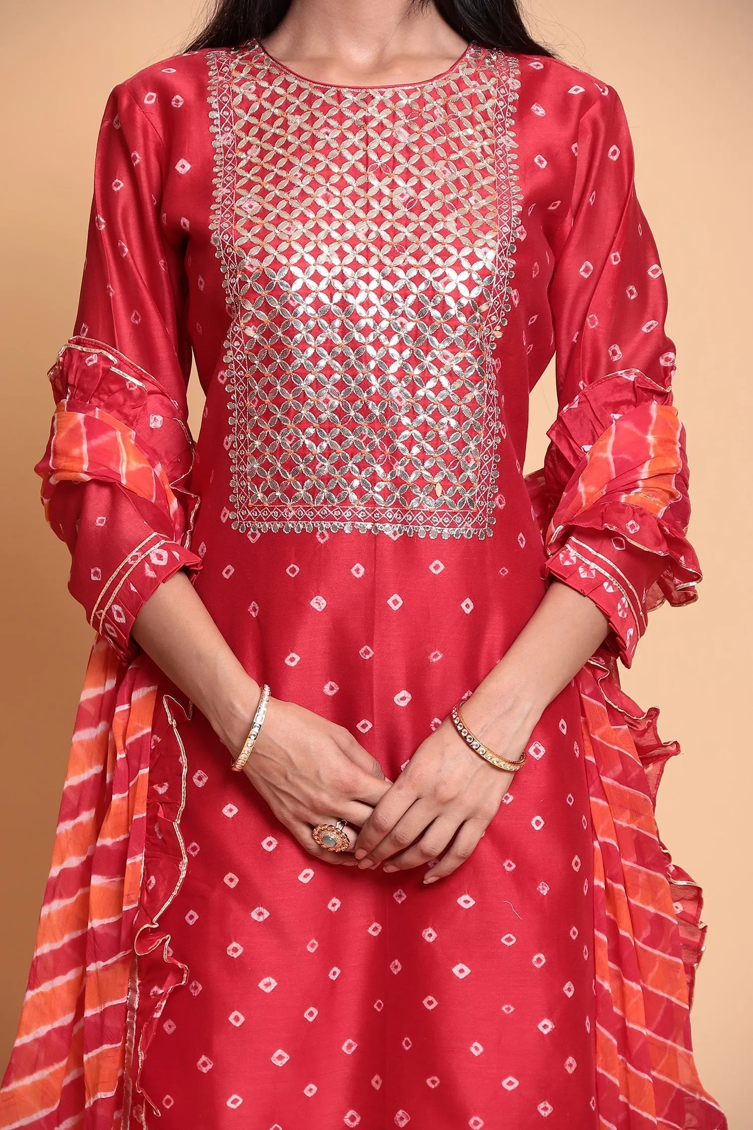 Bandhej Chanderi Suit Stitched with Gota Patti work.