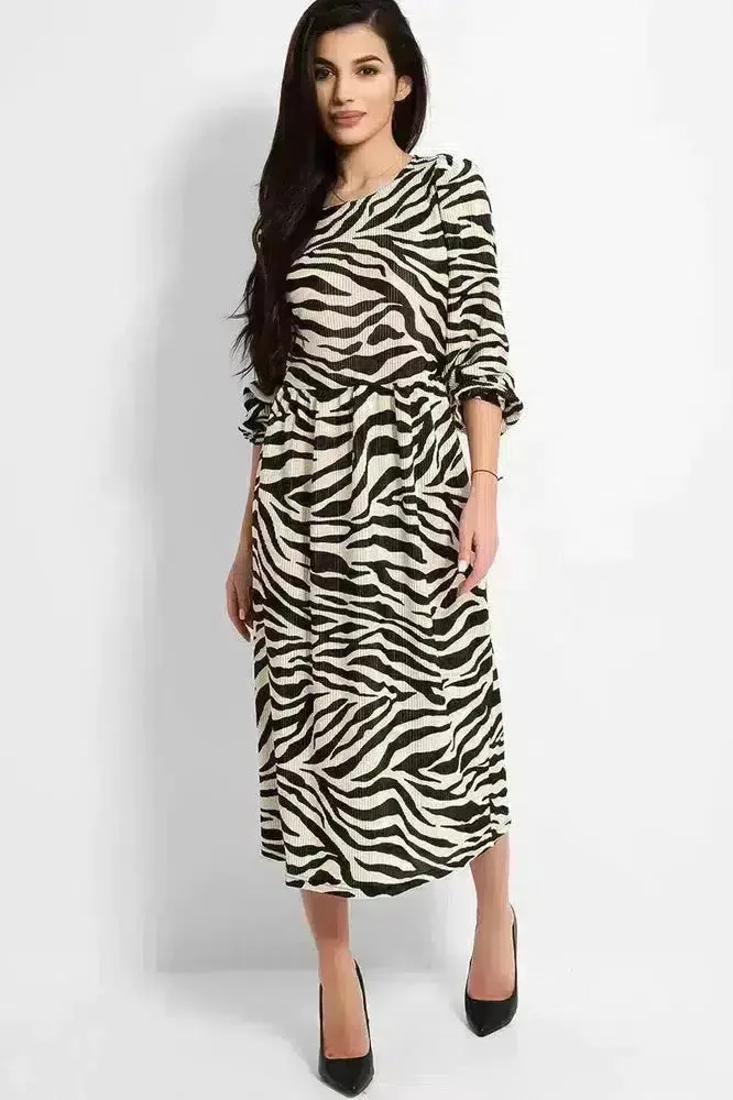 Beige Black Zebra Print Pleated Balloon Sleeves Midi Dress