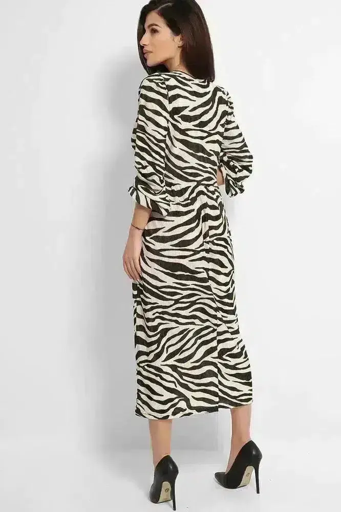 Beige Black Zebra Print Pleated Balloon Sleeves Midi Dress