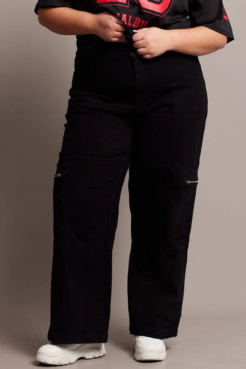 Black Cargo Jeans Mid Rise