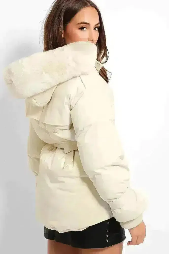 Cream Self-Tie Faux Fur Hood Puffer Jacket