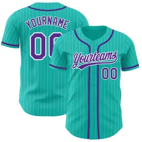 Custom Aqua White Pinstripe Purple Authentic Baseball Jersey