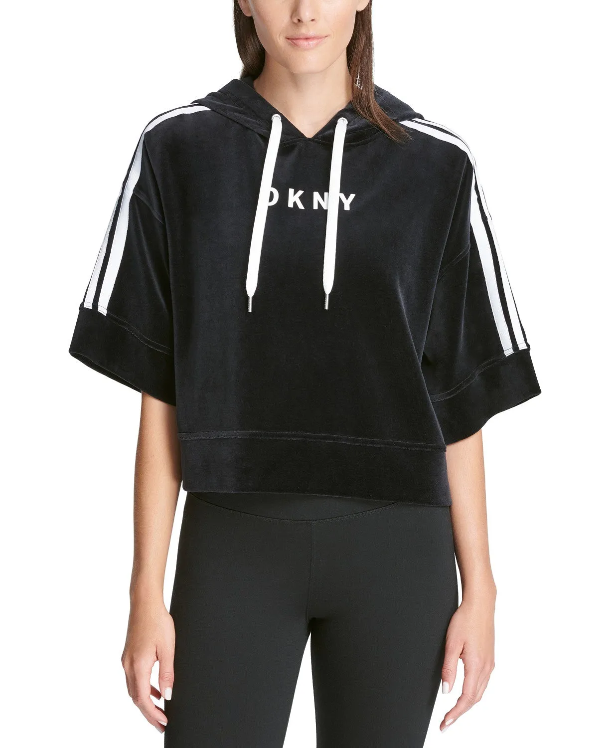 DKNY Women's Sport Logo Bell-Sleeve Velour Cropped Hoodie, Black, S