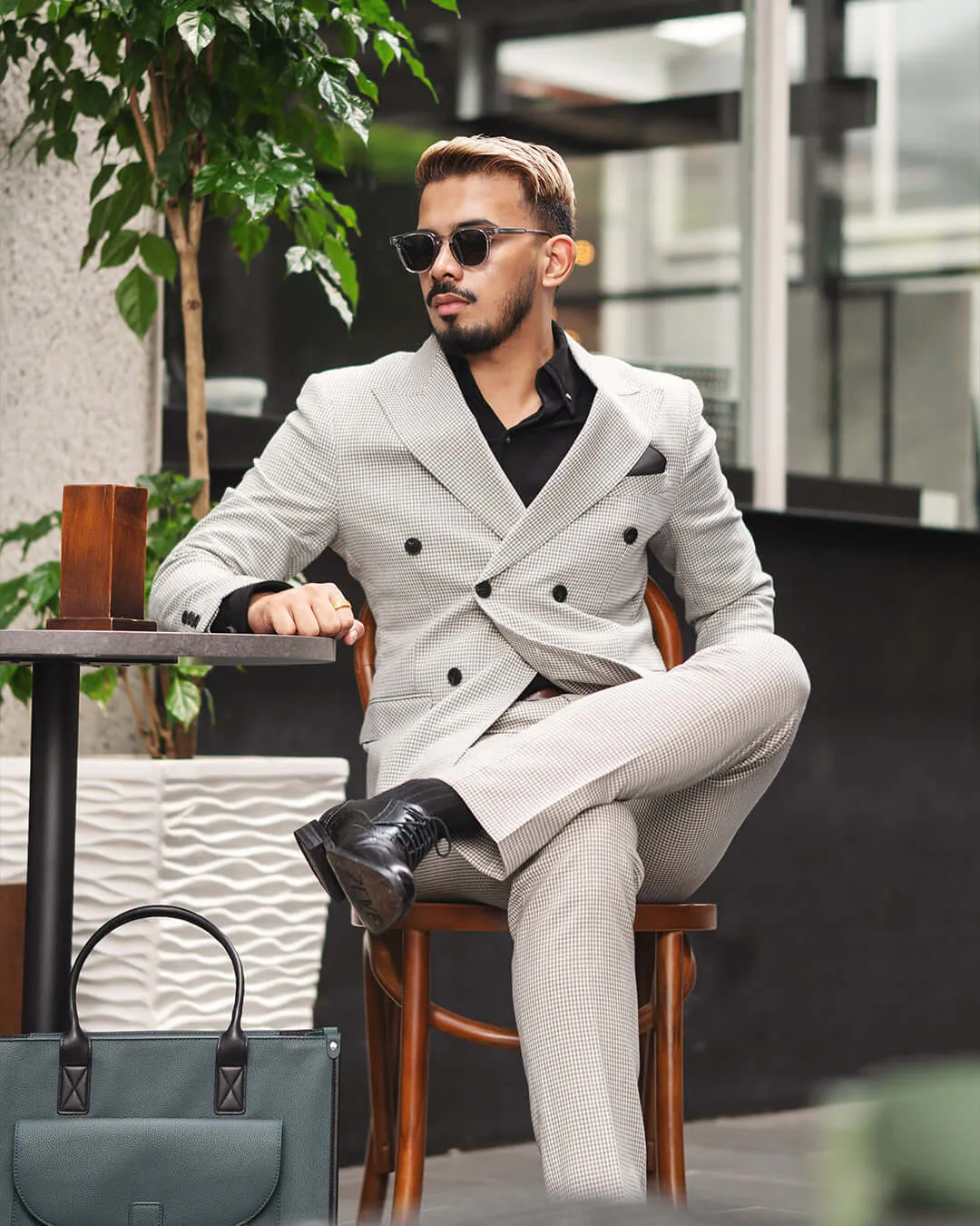 Double Breasted Suit Blazer - Ash Grey Plaid (Peak Lapel)