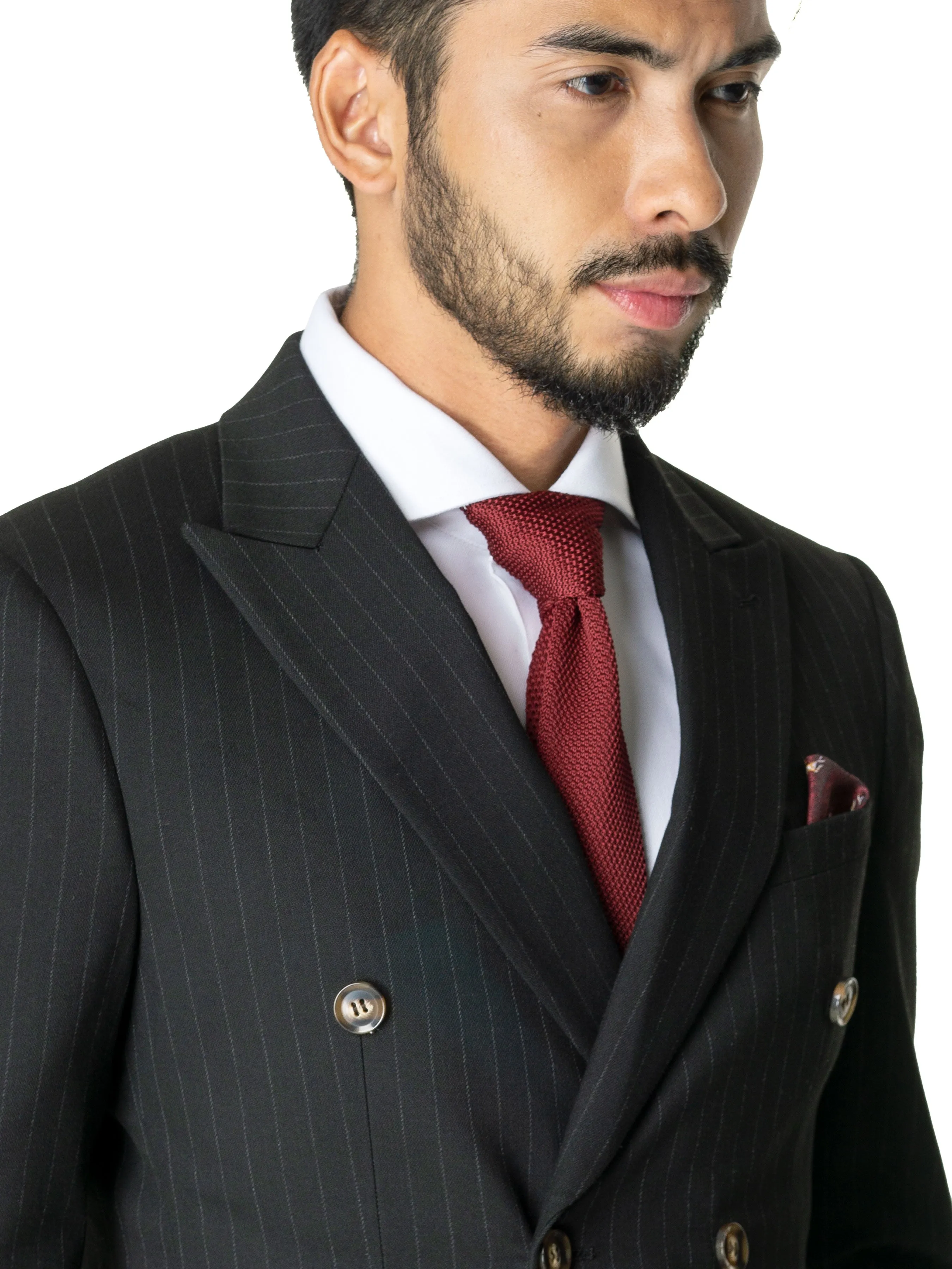 Double Breasted Suit Blazer - Black Pinstripes (Peak Lapel)