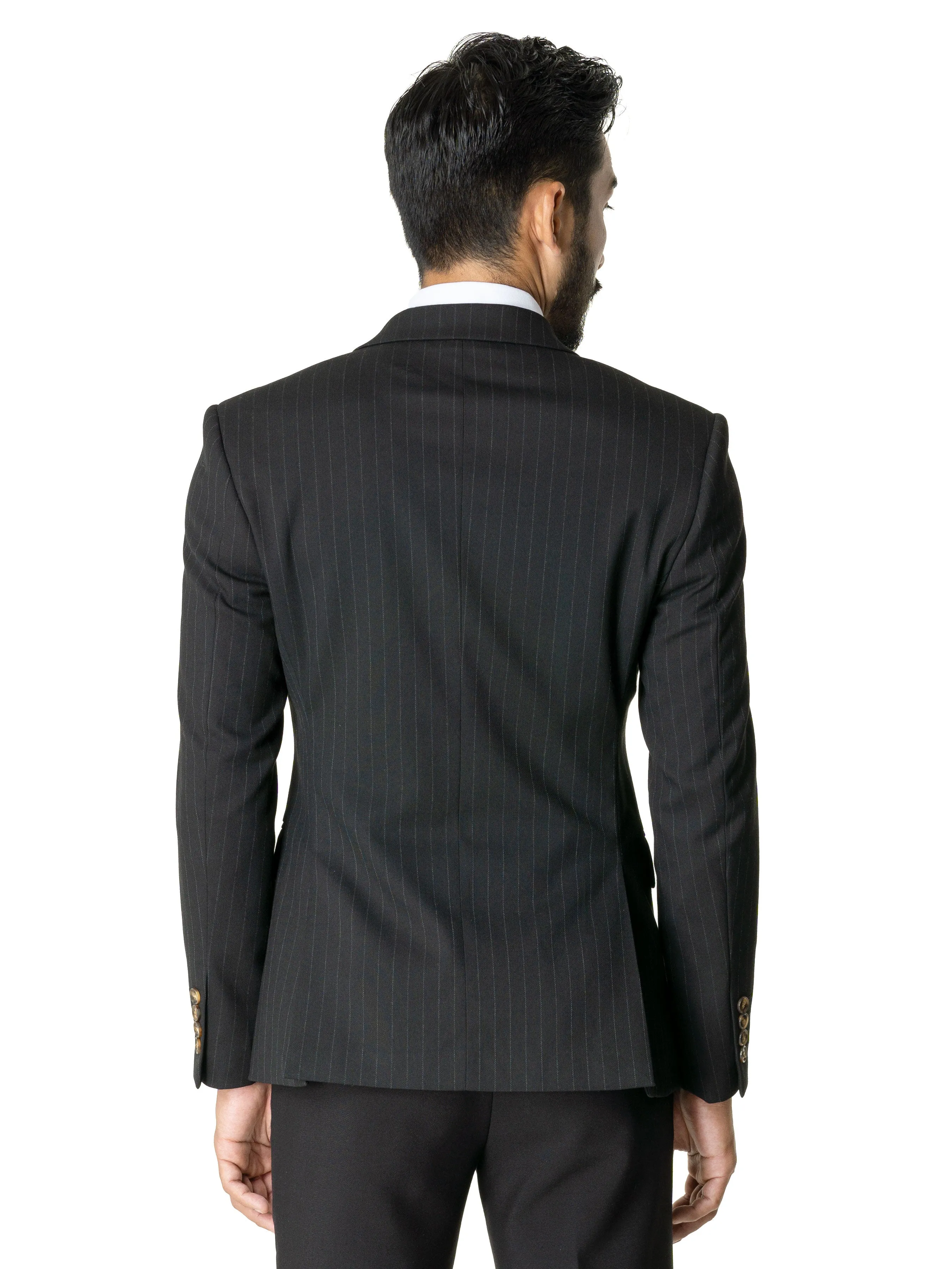 Double Breasted Suit Blazer - Black Pinstripes (Peak Lapel)