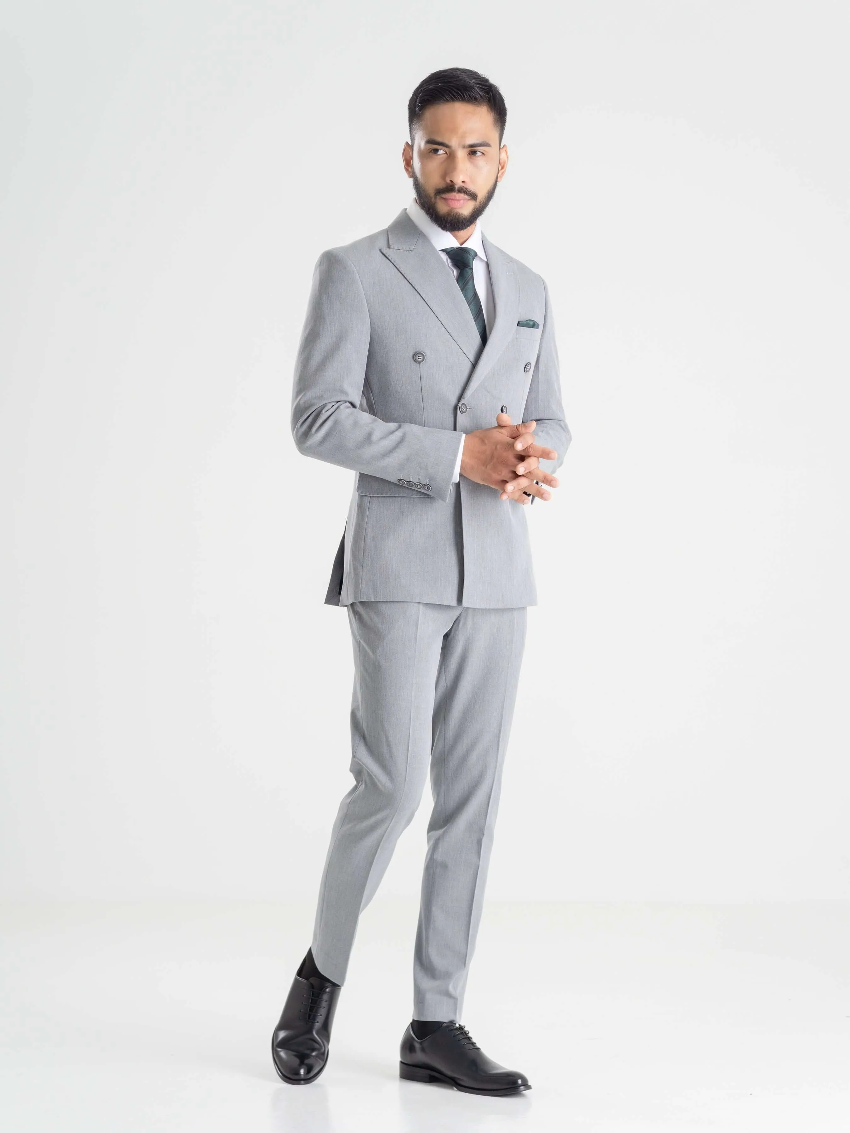 Double Breasted Suit Blazer - Light Grey (Peak Lapel)