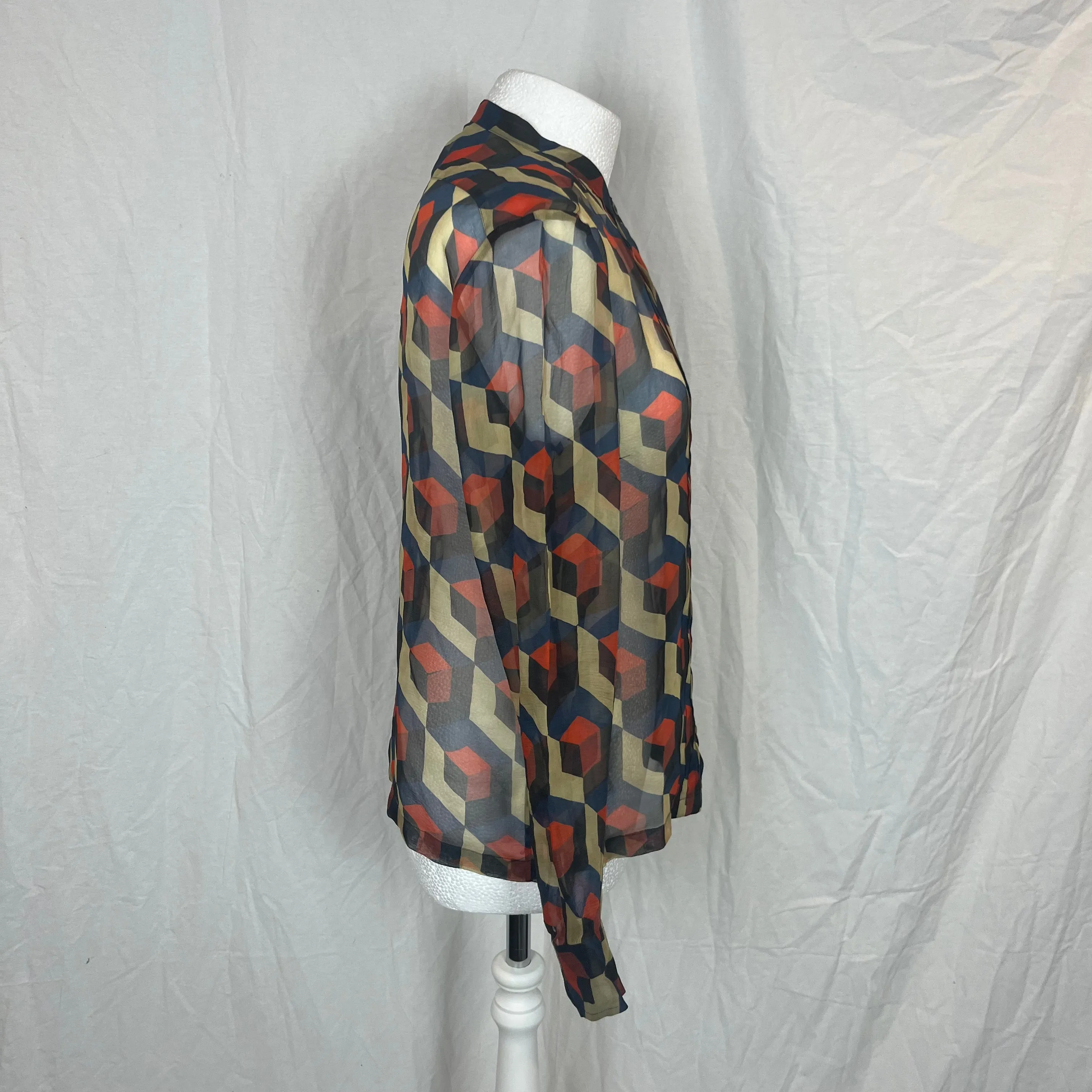 Dries Van Noten Navy & Orange Geometric Print Silk Chiffon Blouse M