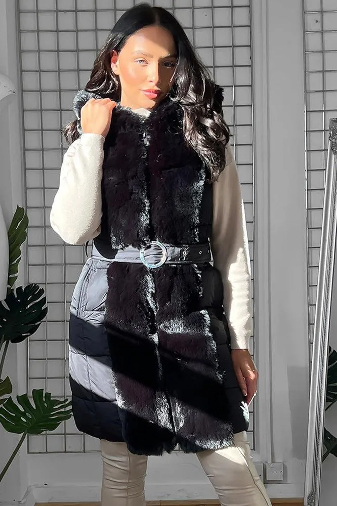 Faux Fur Trimmed Sleeveless Belted Jacket