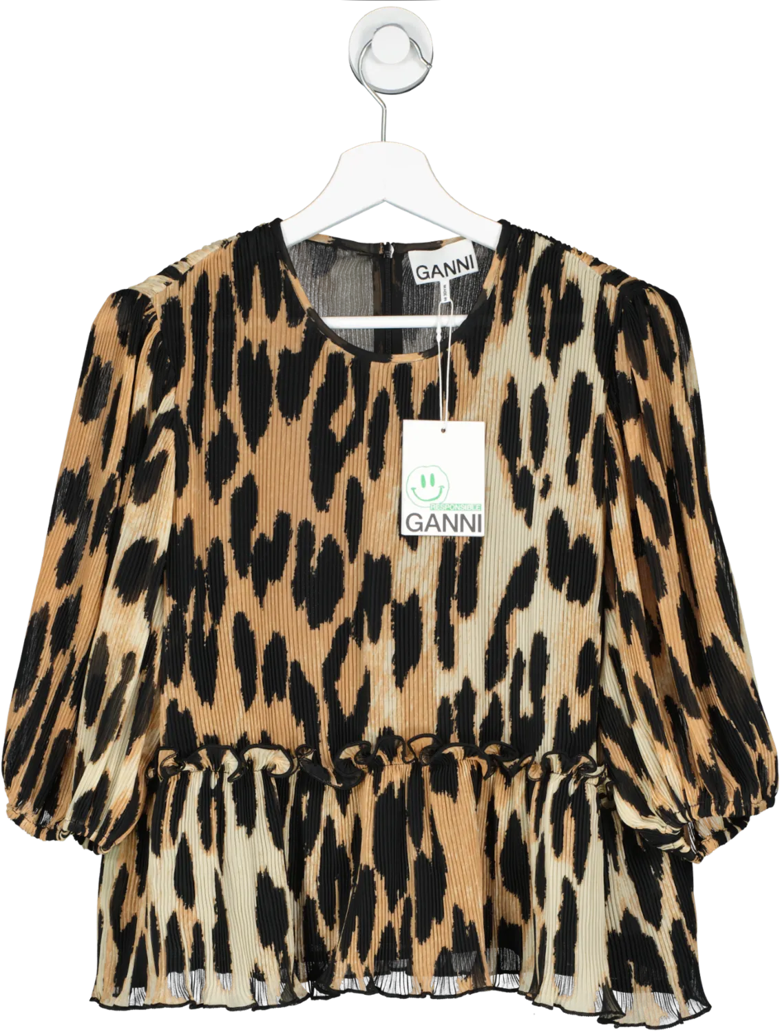 Ganni Brown Pleated Leopard Georgette Blouse UK 16