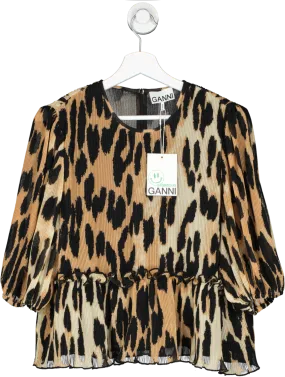 Ganni Brown Pleated Leopard Georgette Blouse UK 16