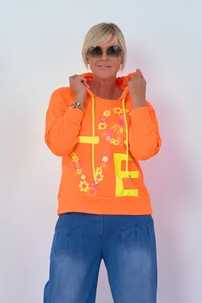 Hoodie mit Love-Blumen-Print, neon orange