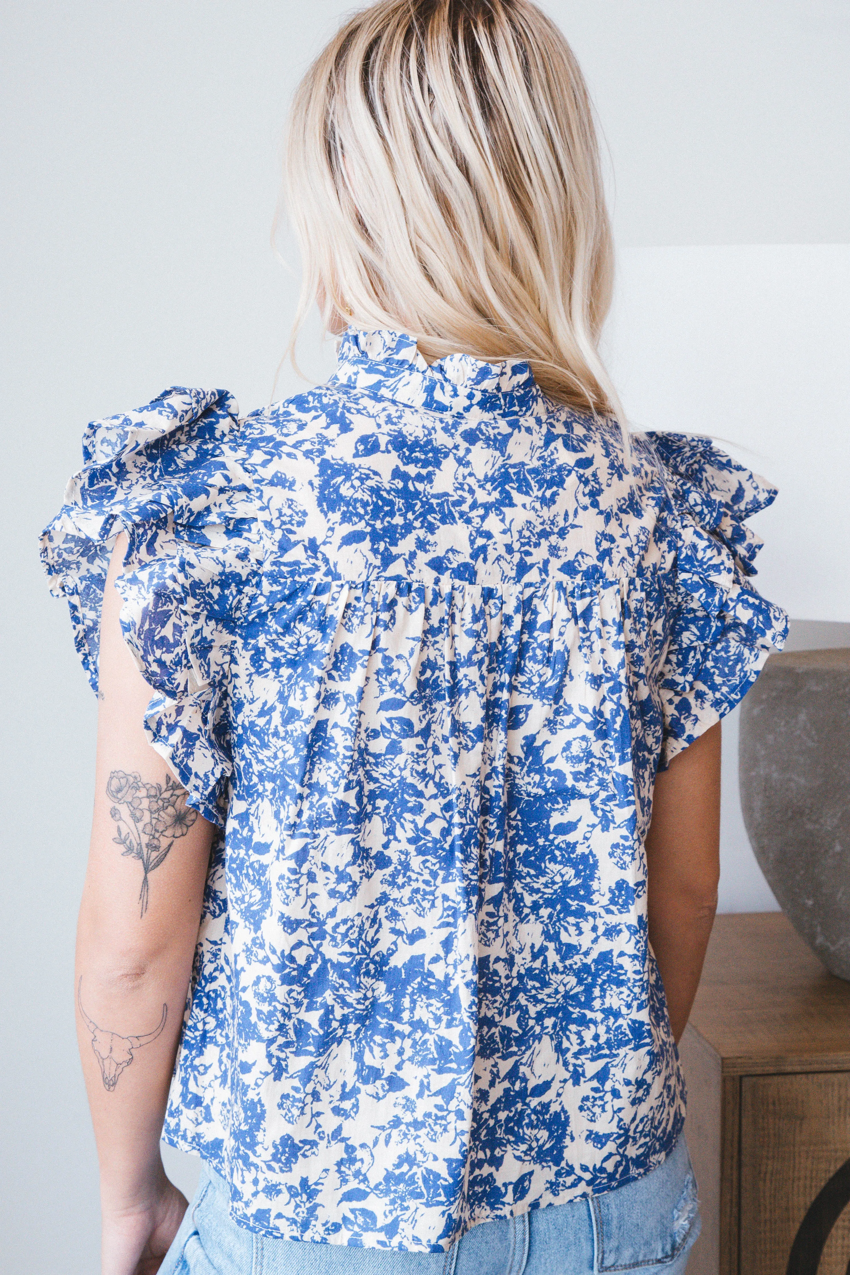 Josie Floral Pleated Top, Blue Floral