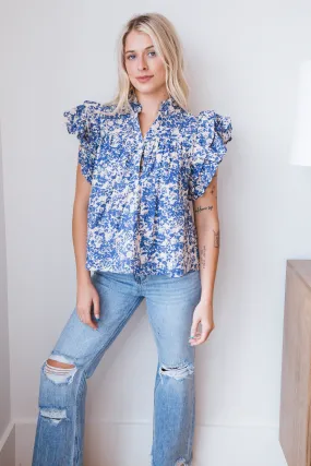 Josie Floral Pleated Top, Blue Floral