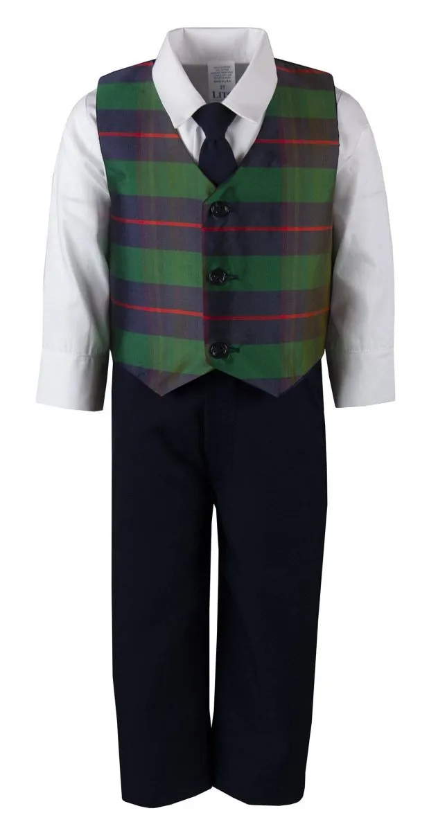 Kids Red or Green Plaid Designer Holiday Pant Set with Vest and Tie