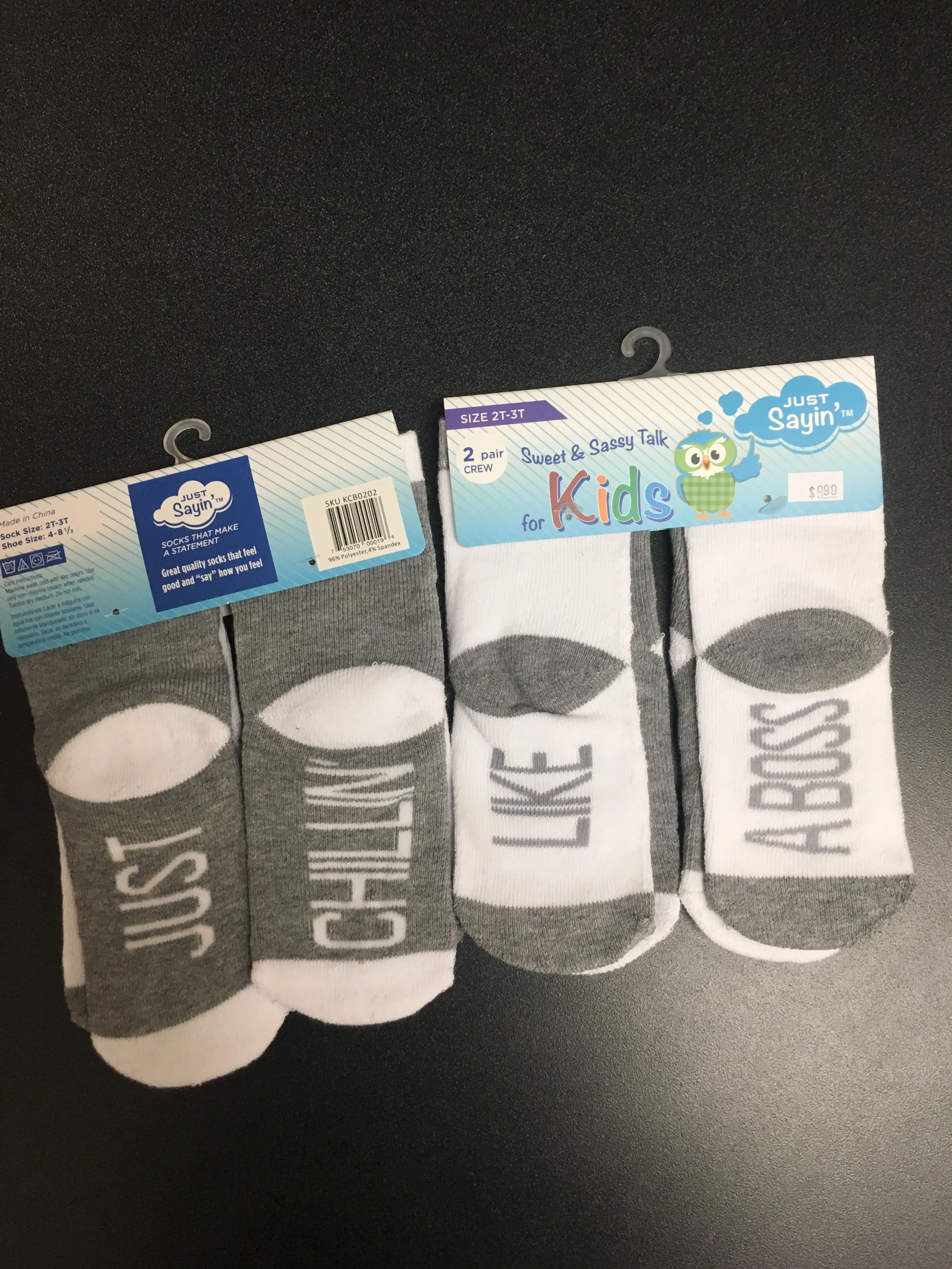 LIKE A BOSS/ JUST CHILLIN SOCKS - GREY/WHITE 2T-3T