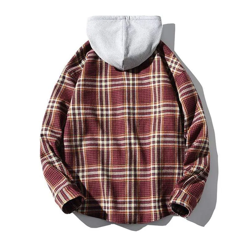 Plaid Long Sleeves Hooded Button Up