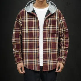 Plaid Long Sleeves Hooded Button Up