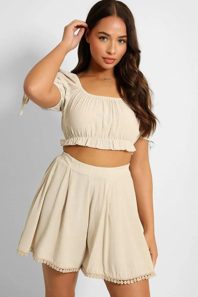 Puff Sleeve Crop Top And Pleated Shorts Set