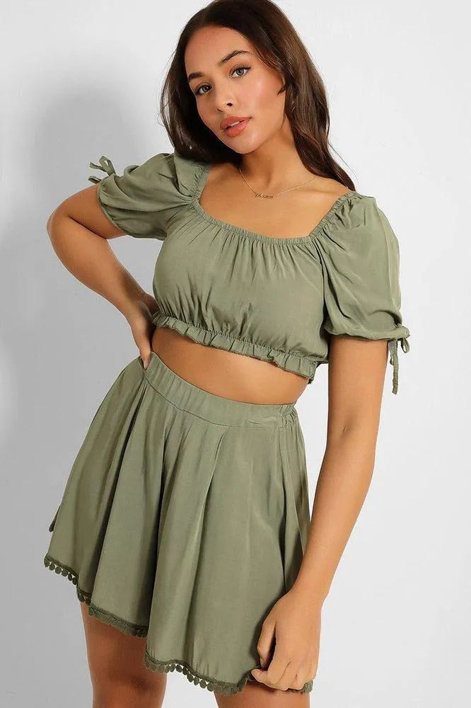 Puff Sleeve Crop Top And Pleated Shorts Set