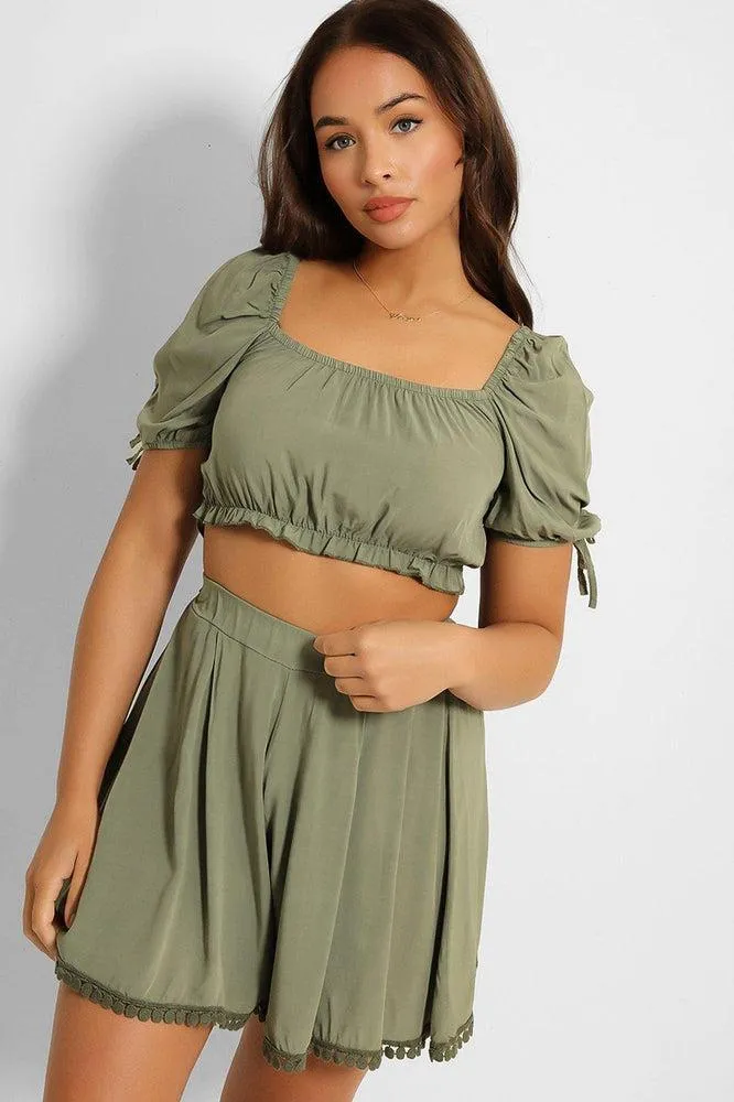 Puff Sleeve Crop Top And Pleated Shorts Set