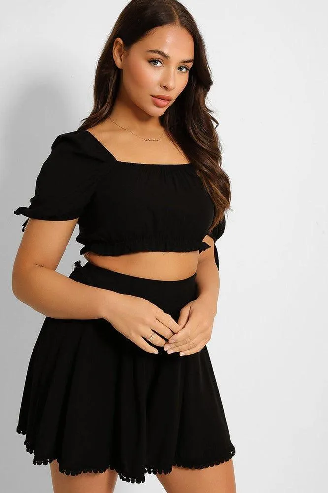 Puff Sleeve Crop Top And Pleated Shorts Set