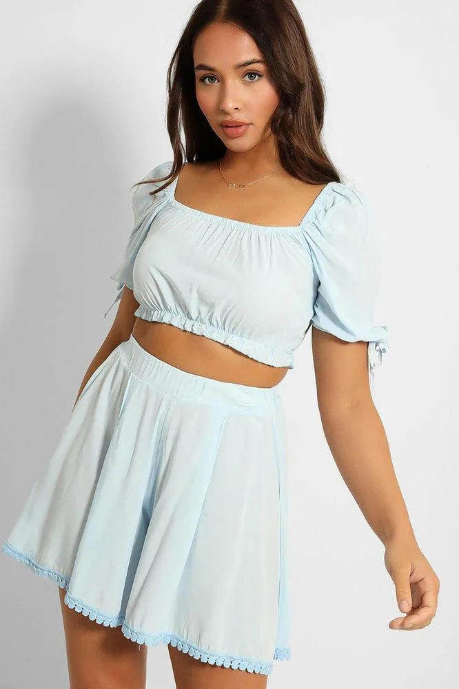 Puff Sleeve Crop Top And Pleated Shorts Set