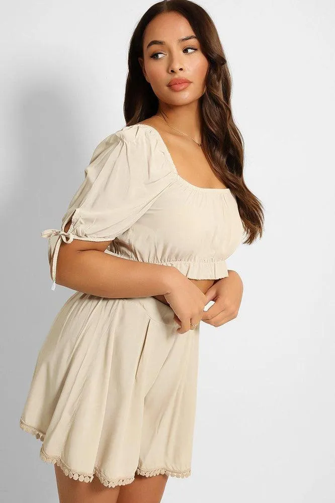 Puff Sleeve Crop Top And Pleated Shorts Set