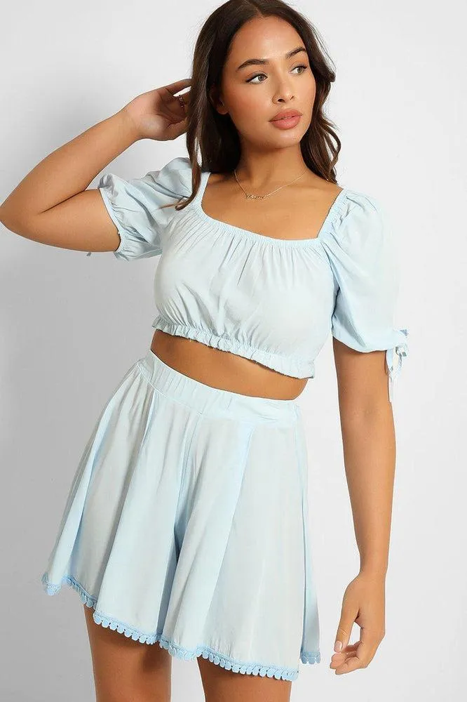 Puff Sleeve Crop Top And Pleated Shorts Set