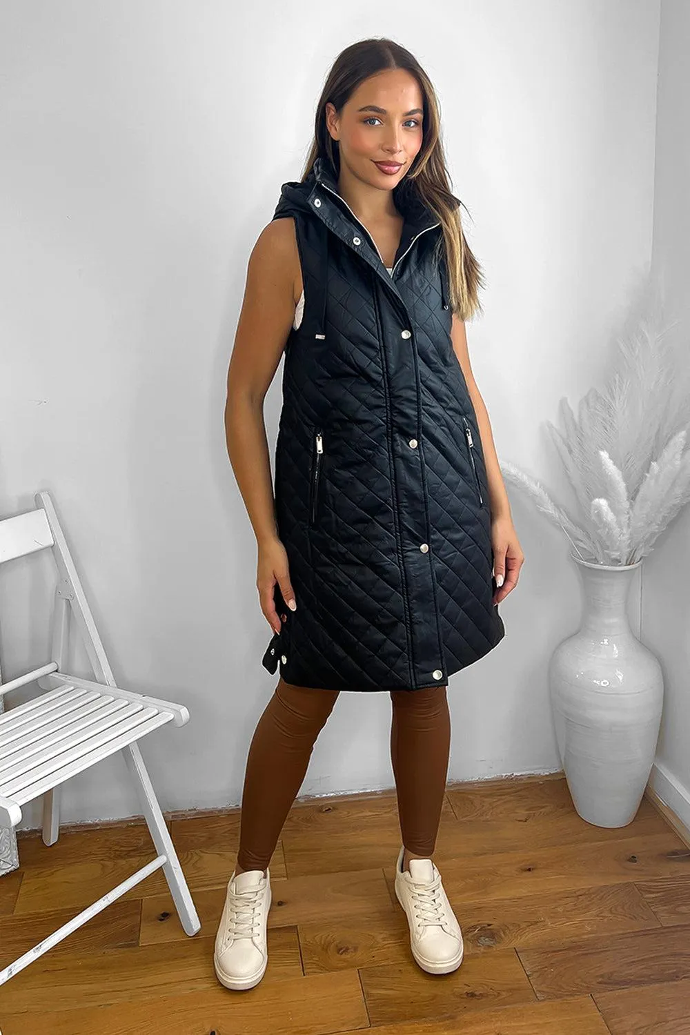 Quilted Leather Look Hooded Sleeveless Zip Waistcoat