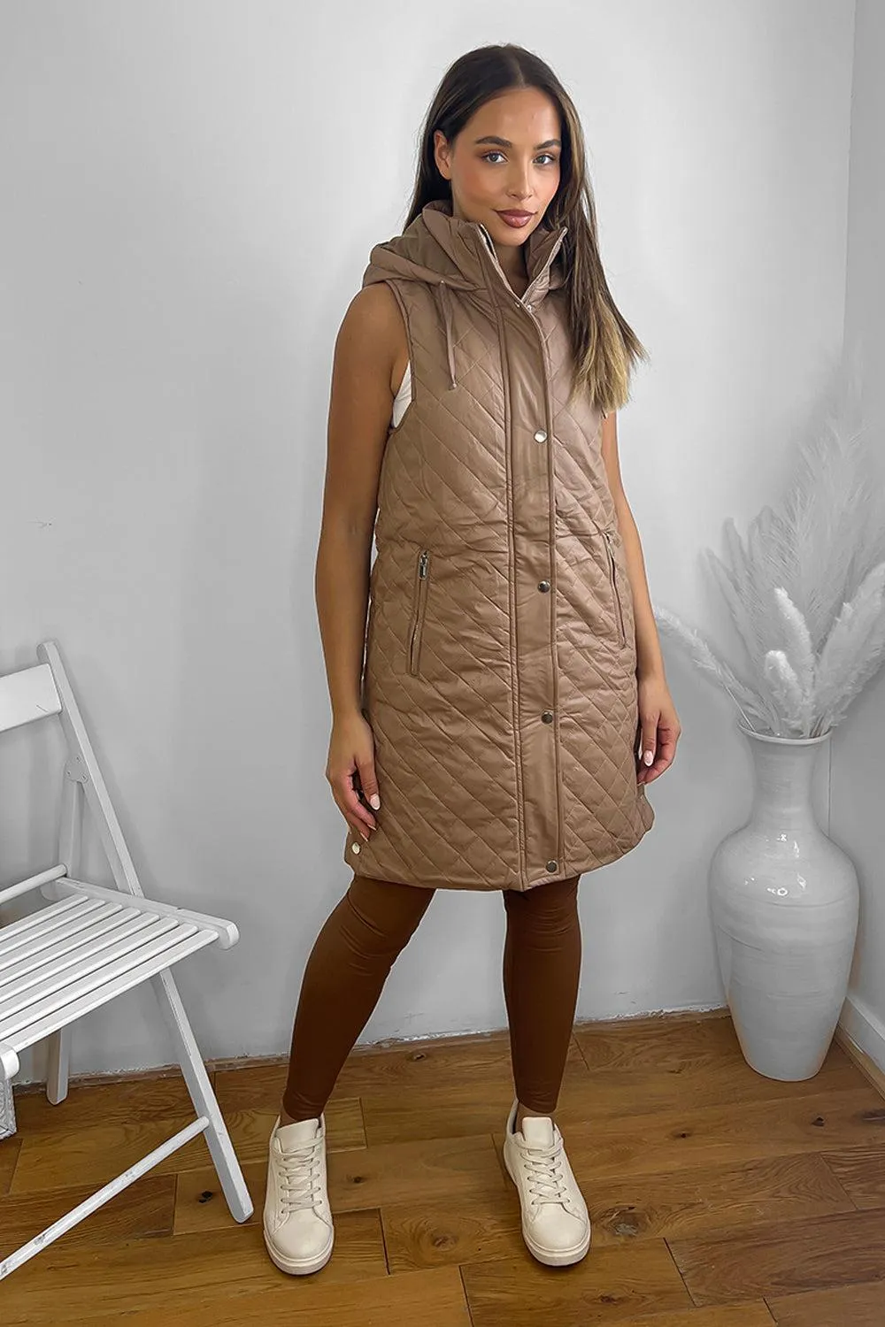 Quilted Leather Look Hooded Sleeveless Zip Waistcoat