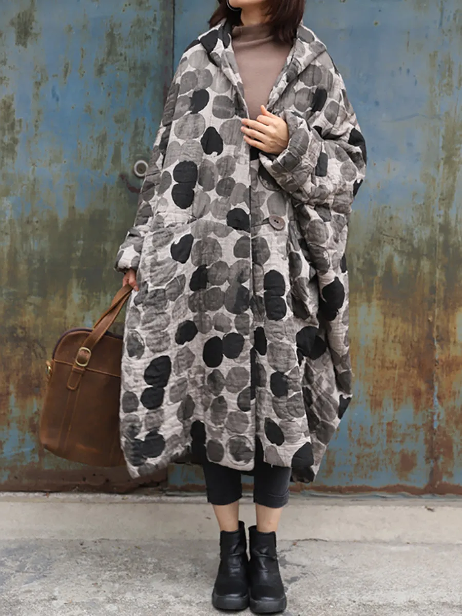 Retro Ink Dot Loose Hooded Overcoat