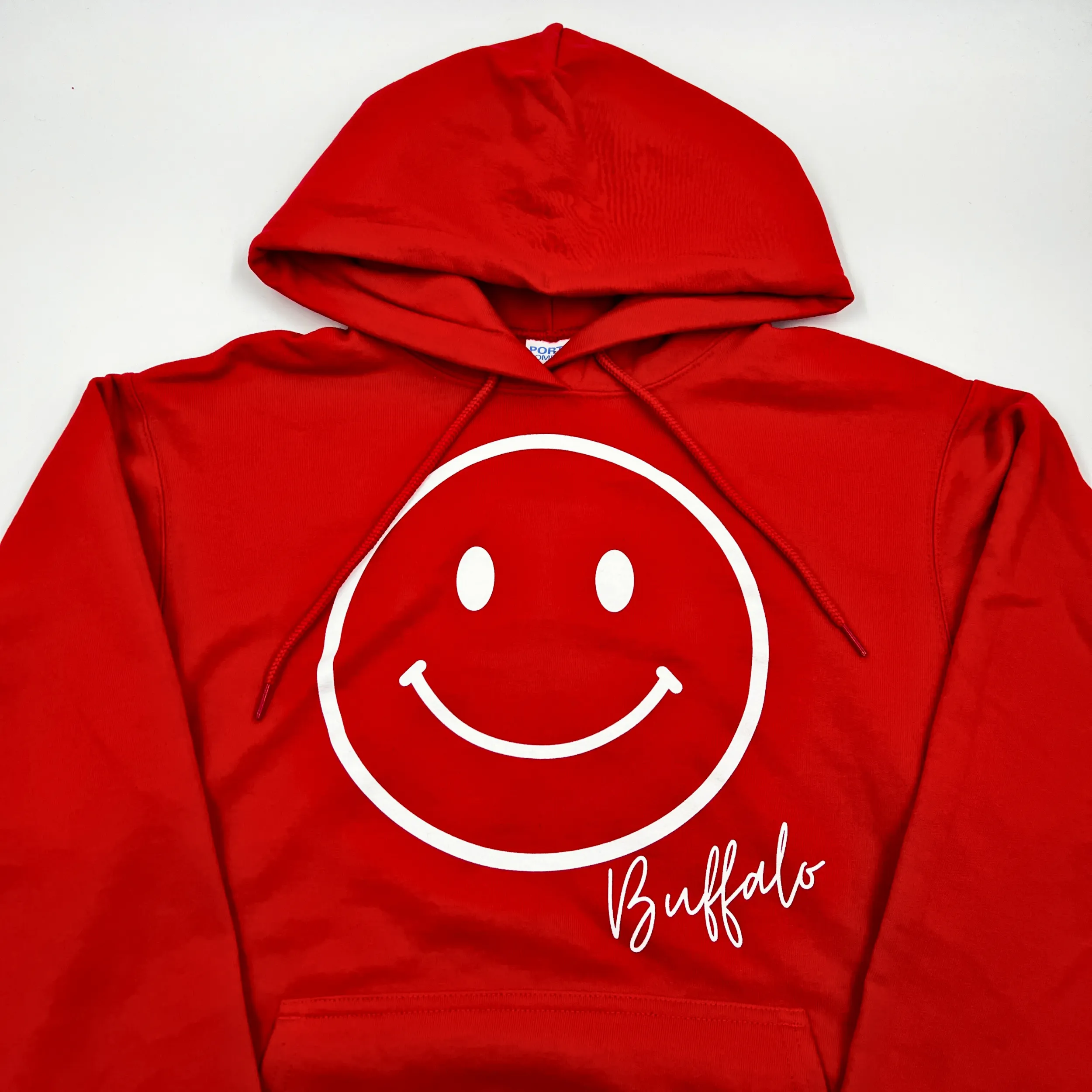 Smiley Face With Buffalo Wordmark Red Hoodie