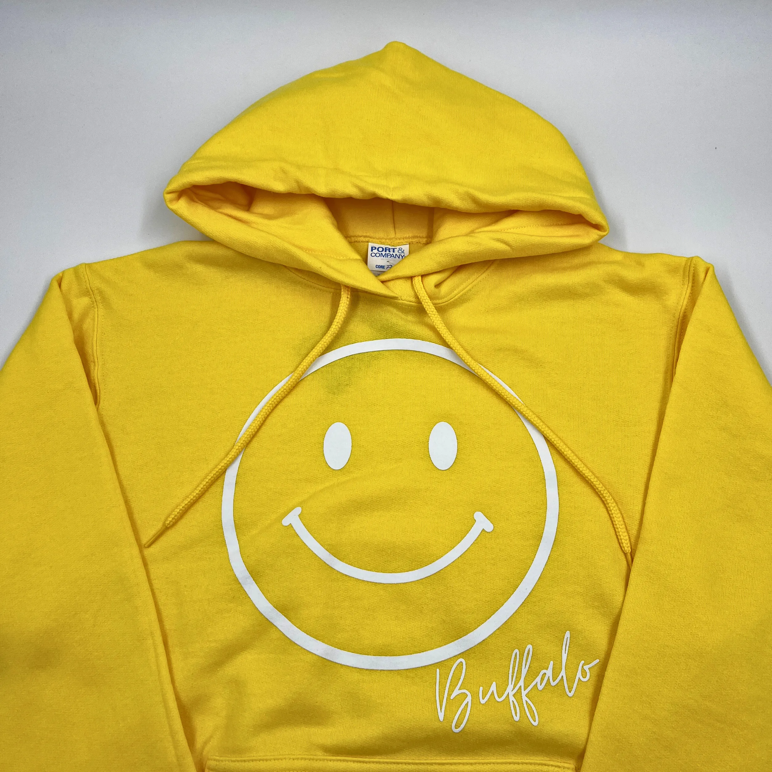 Smiley Face With Buffalo Wordmark Yellow Hoodie