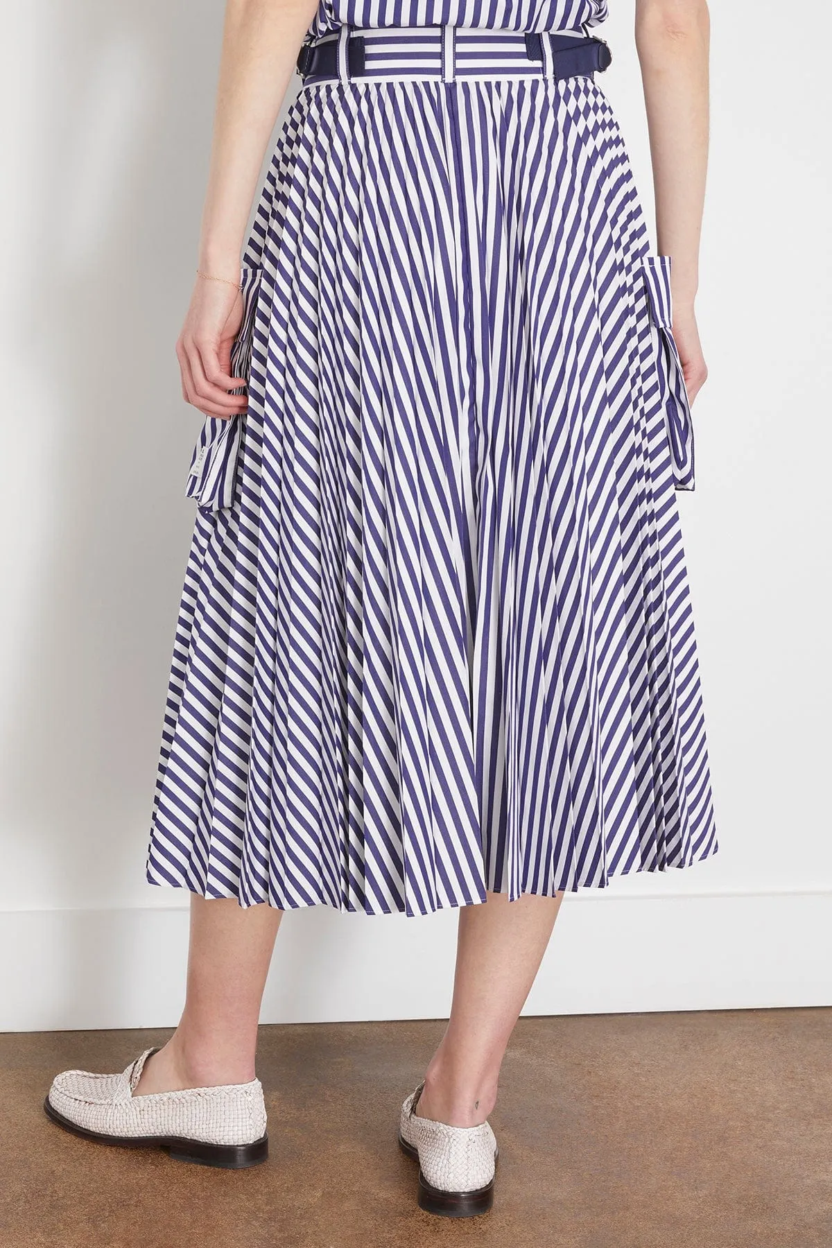 Thomas Mason Cotton Poplin Skirt in Navy Stripe